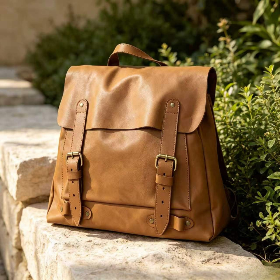 Dual Buckle Leather Backpack