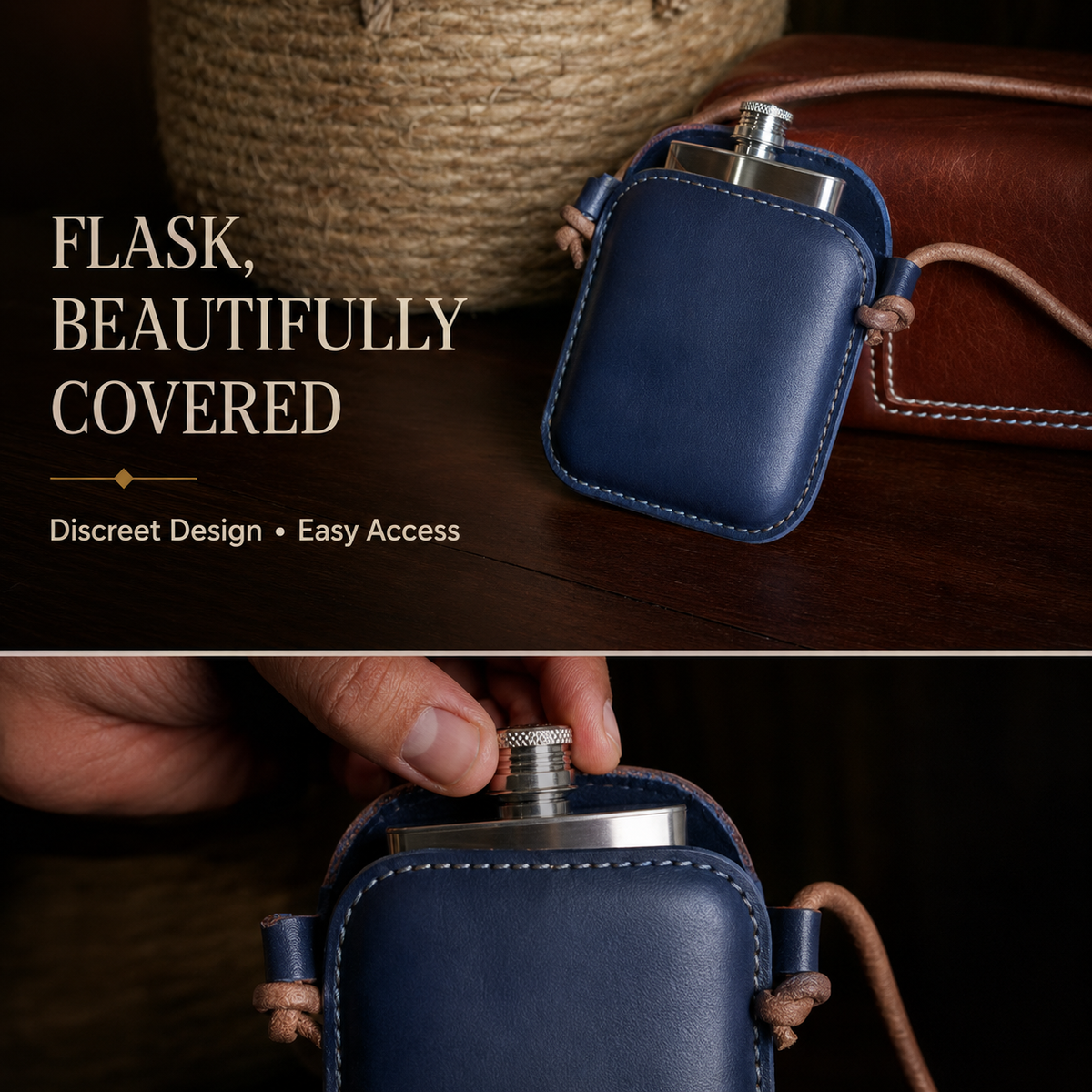 Handmade Navy Leather Cover Hip Flask Shoulder Pouch