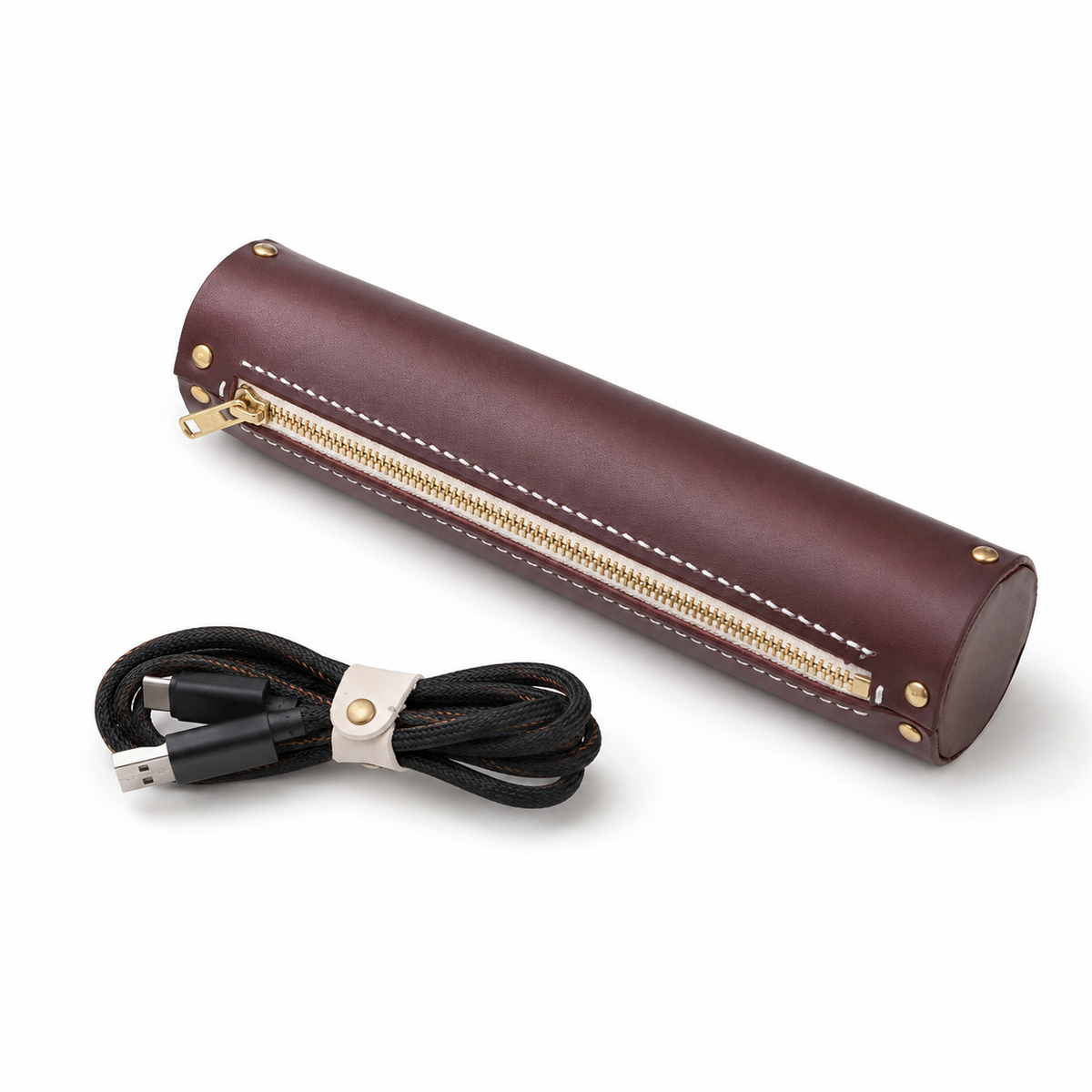 Cylindrical Leather Cable Storage Pouch