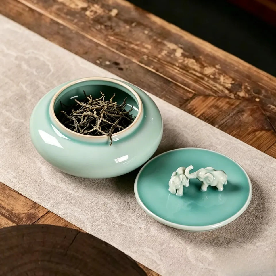 Auspicious Elephant Talent Celadon Tea Jar with Lid