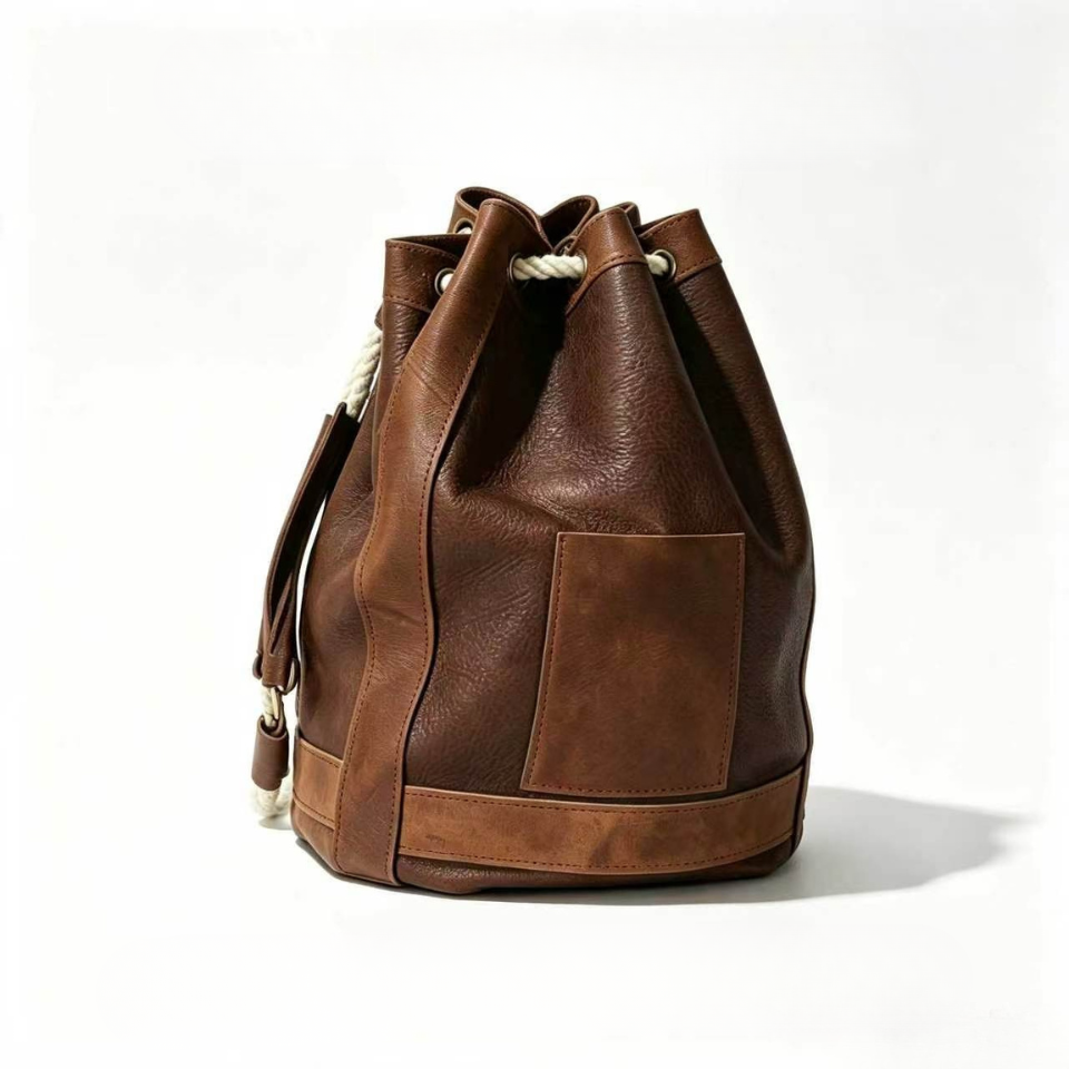 Large Leather Drawstring Bucket Backpack