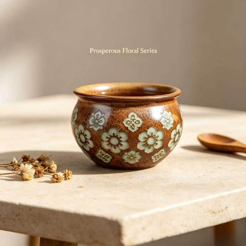 Retro Floral Embossed Wide Tea Bowl