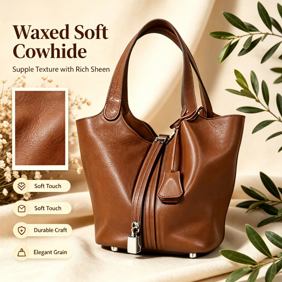 Waxed Soft Cowhide Basket Hand Tote