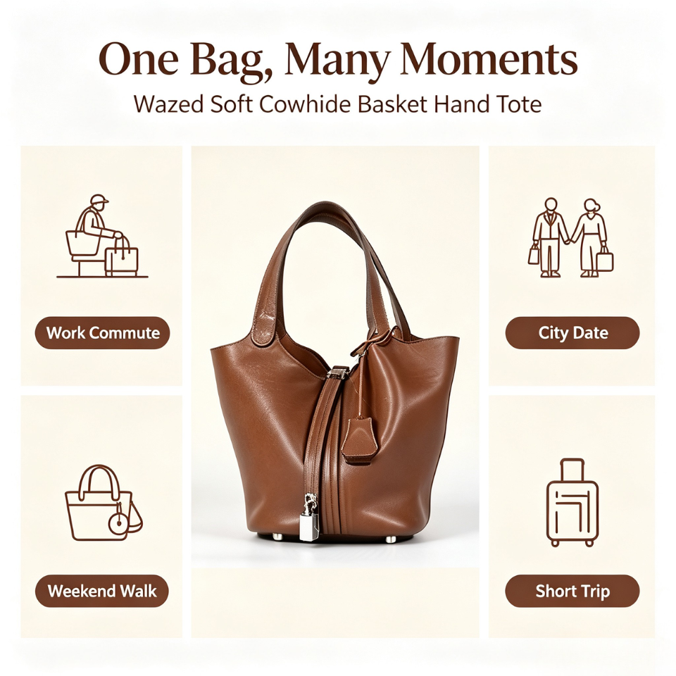 Waxed Soft Cowhide Basket Hand Tote