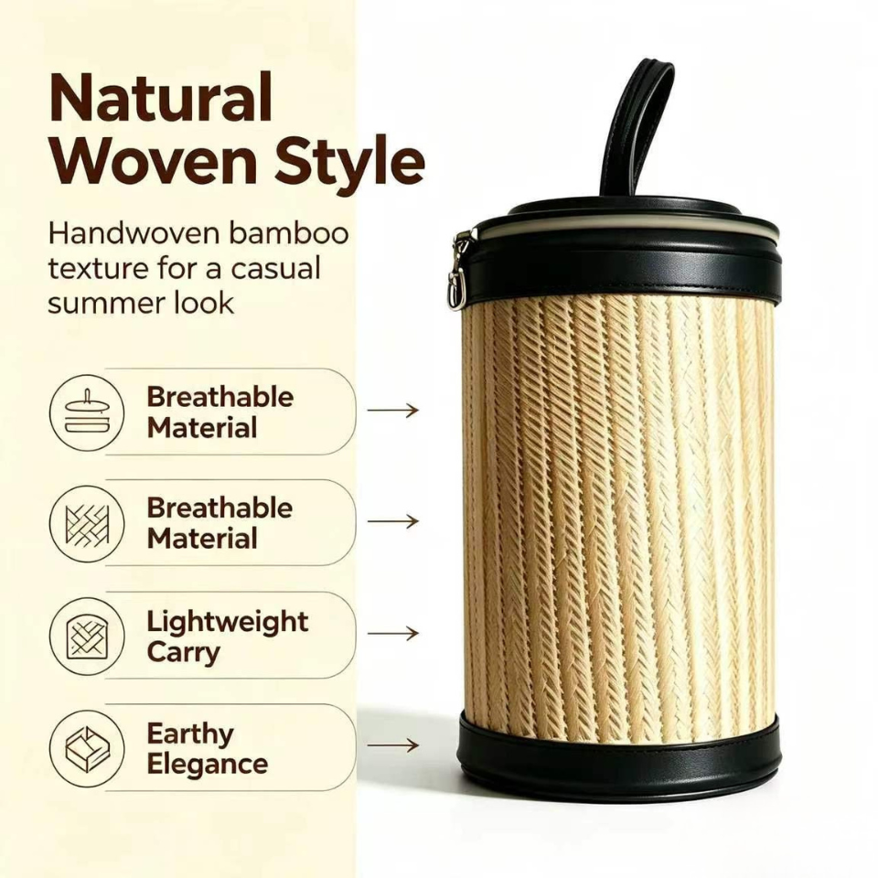Natural Woven Bamboo Barrel Bag