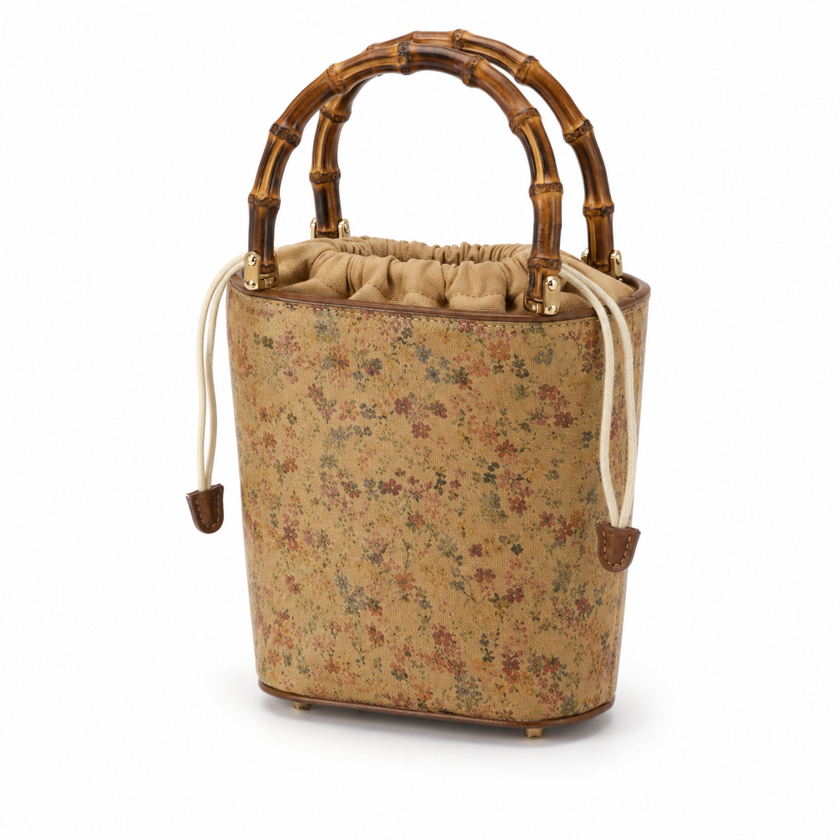 Natural Bamboo Handle Drawstring Mini Tote