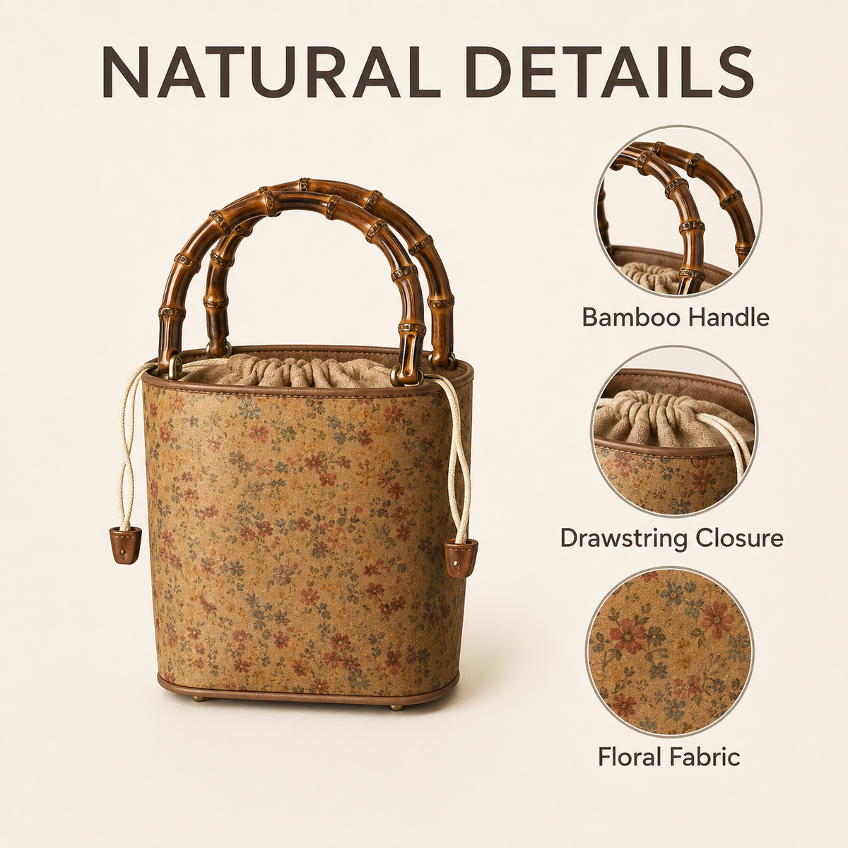 Natural Bamboo Handle Drawstring Mini Tote