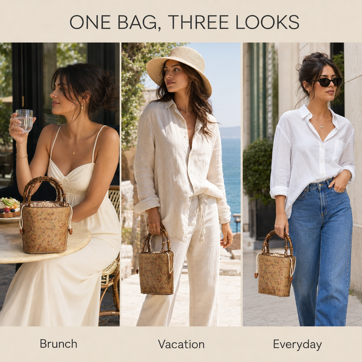 Natural Bamboo Handle Drawstring Mini Tote