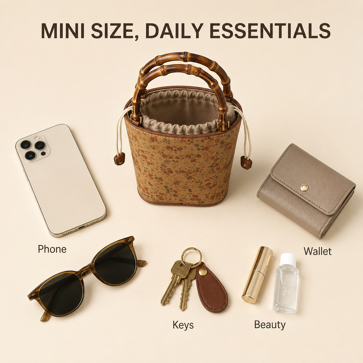 Natural Bamboo Handle Drawstring Mini Tote