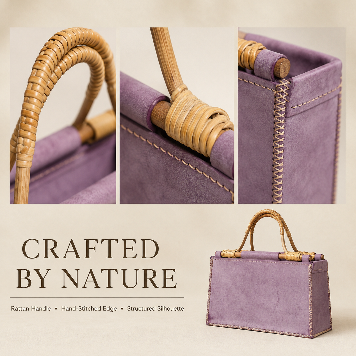 Natural Rattan Handle Rectangle Basket Handbag