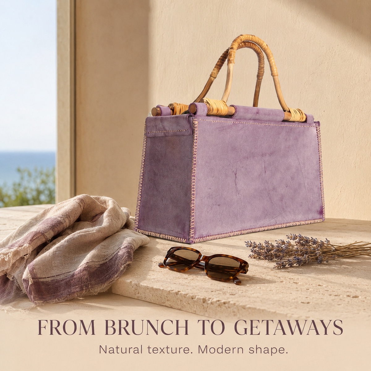Natural Rattan Handle Rectangle Basket Handbag