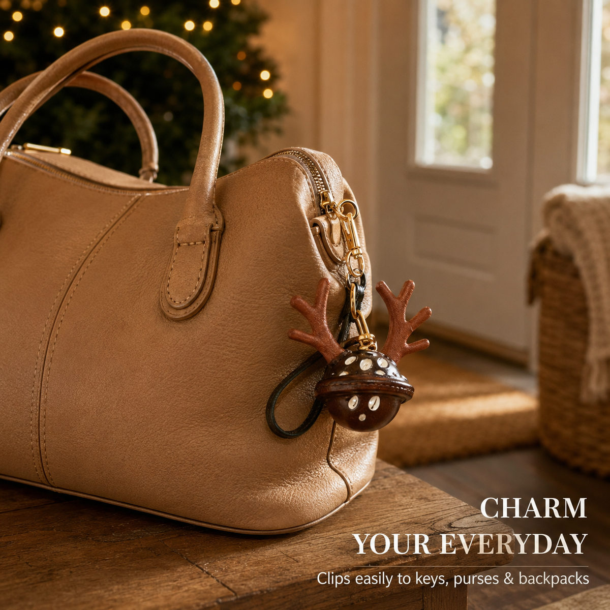 Reindeer Bell Leather Keychain Charm