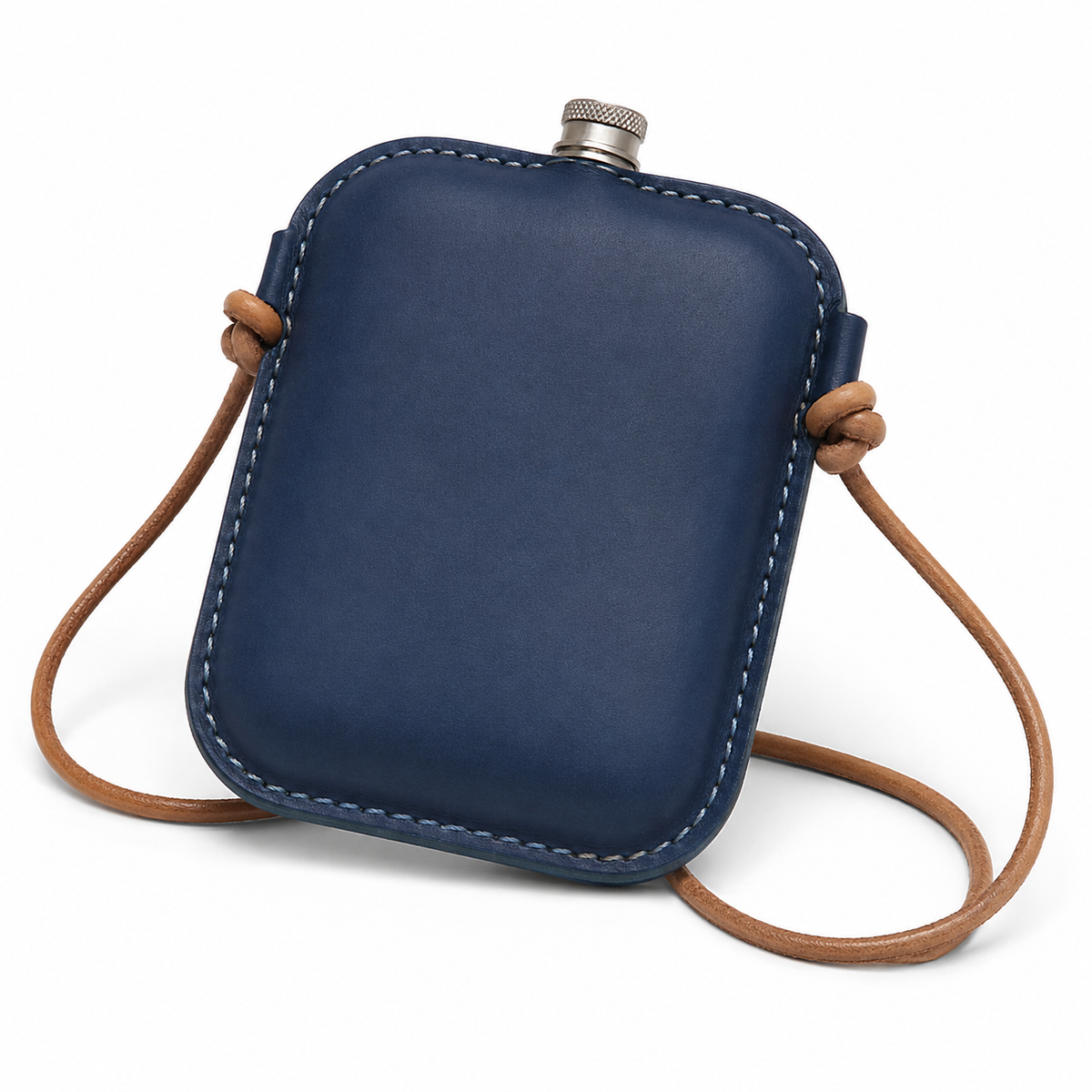 Handmade Navy Leather Cover Hip Flask Shoulder Pouch