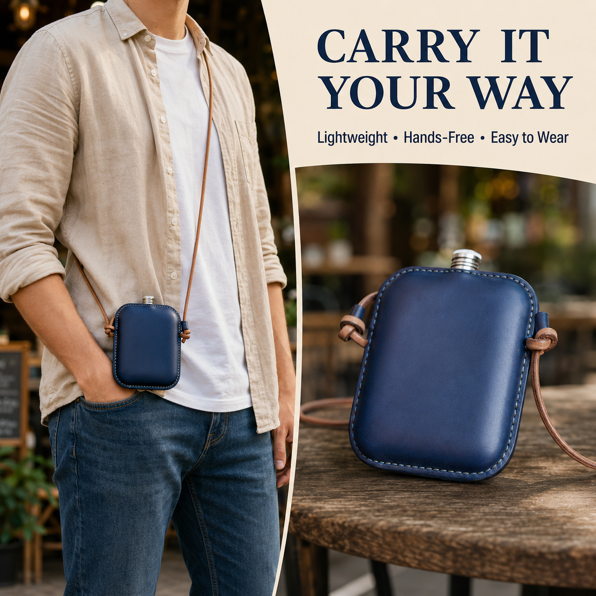 Handmade Navy Leather Cover Hip Flask Shoulder Pouch