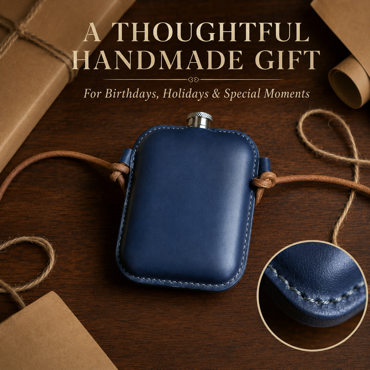 Handmade Navy Leather Cover Hip Flask Shoulder Pouch