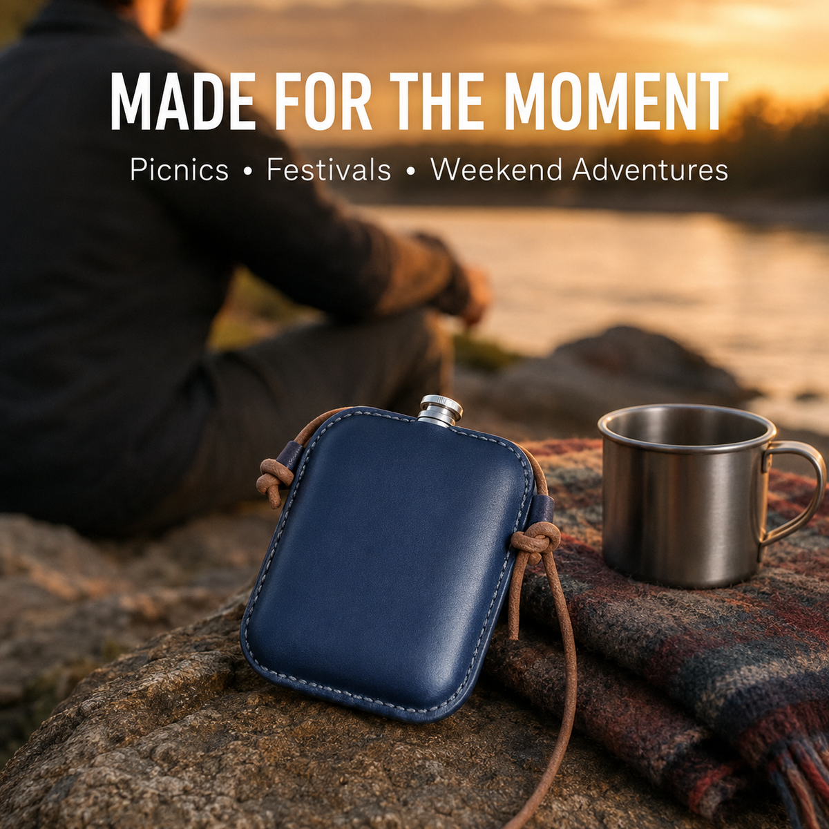 Handmade Navy Leather Cover Hip Flask Shoulder Pouch