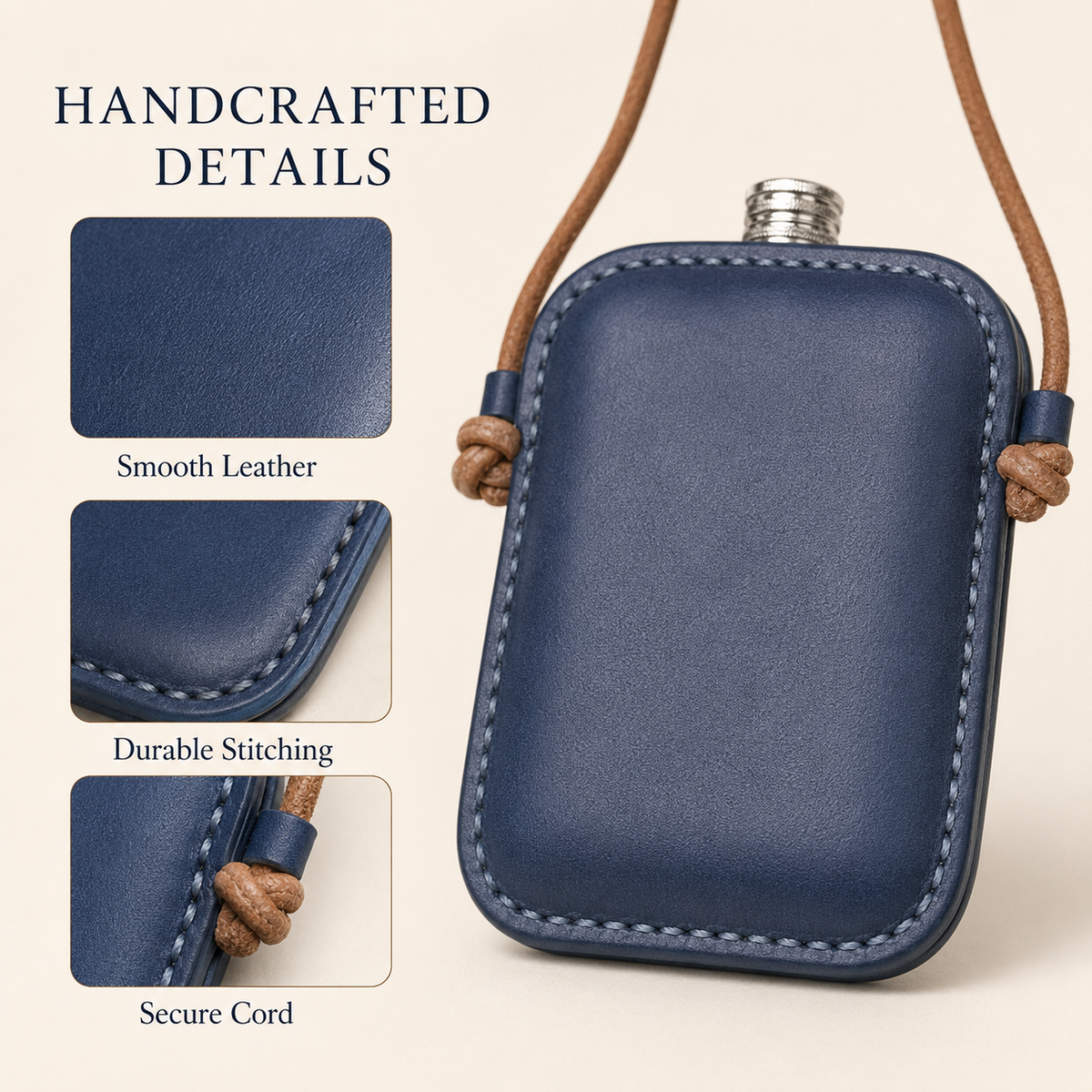 Handmade Navy Leather Cover Hip Flask Shoulder Pouch