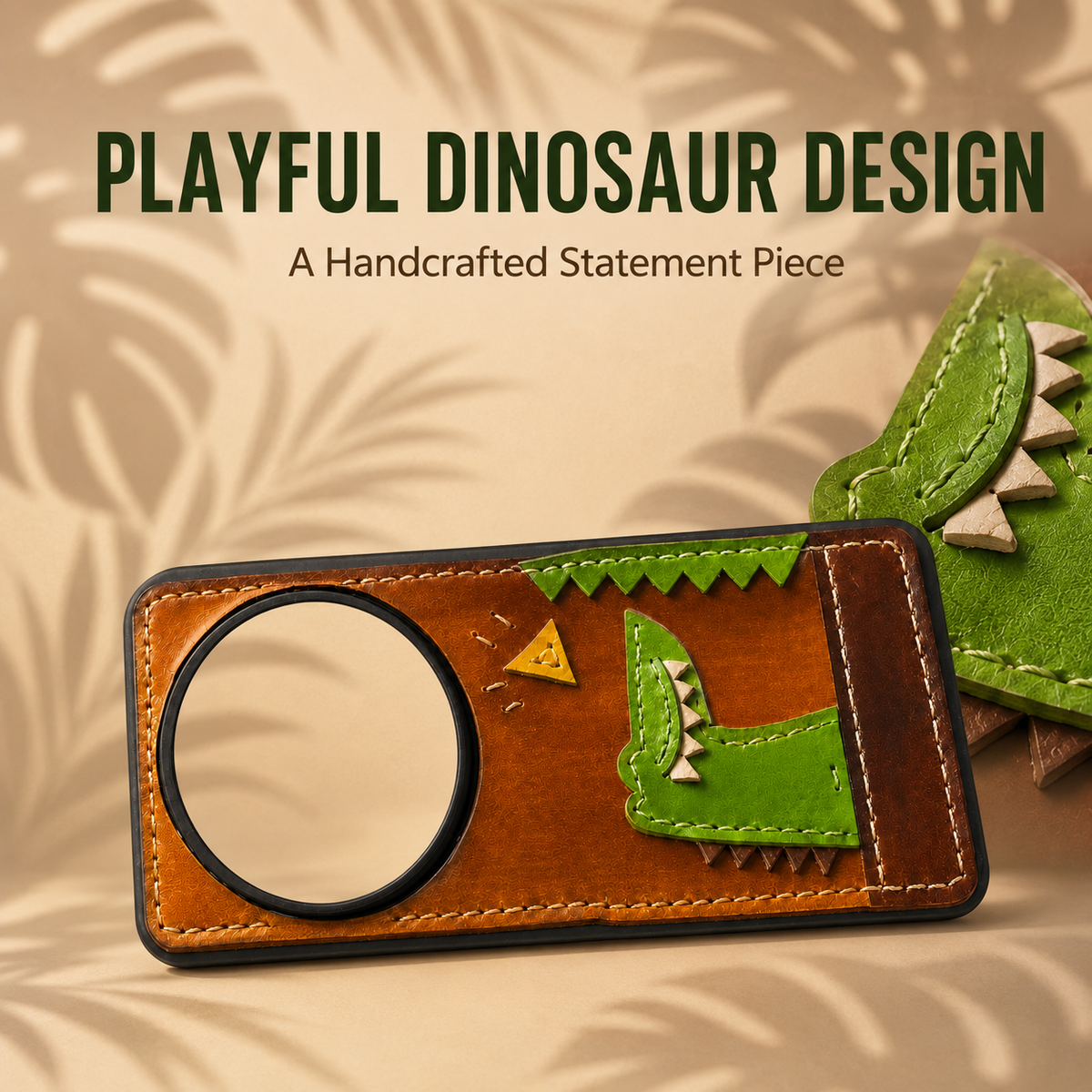 Håndlavet telefoncover i læder med dinosauermotiv