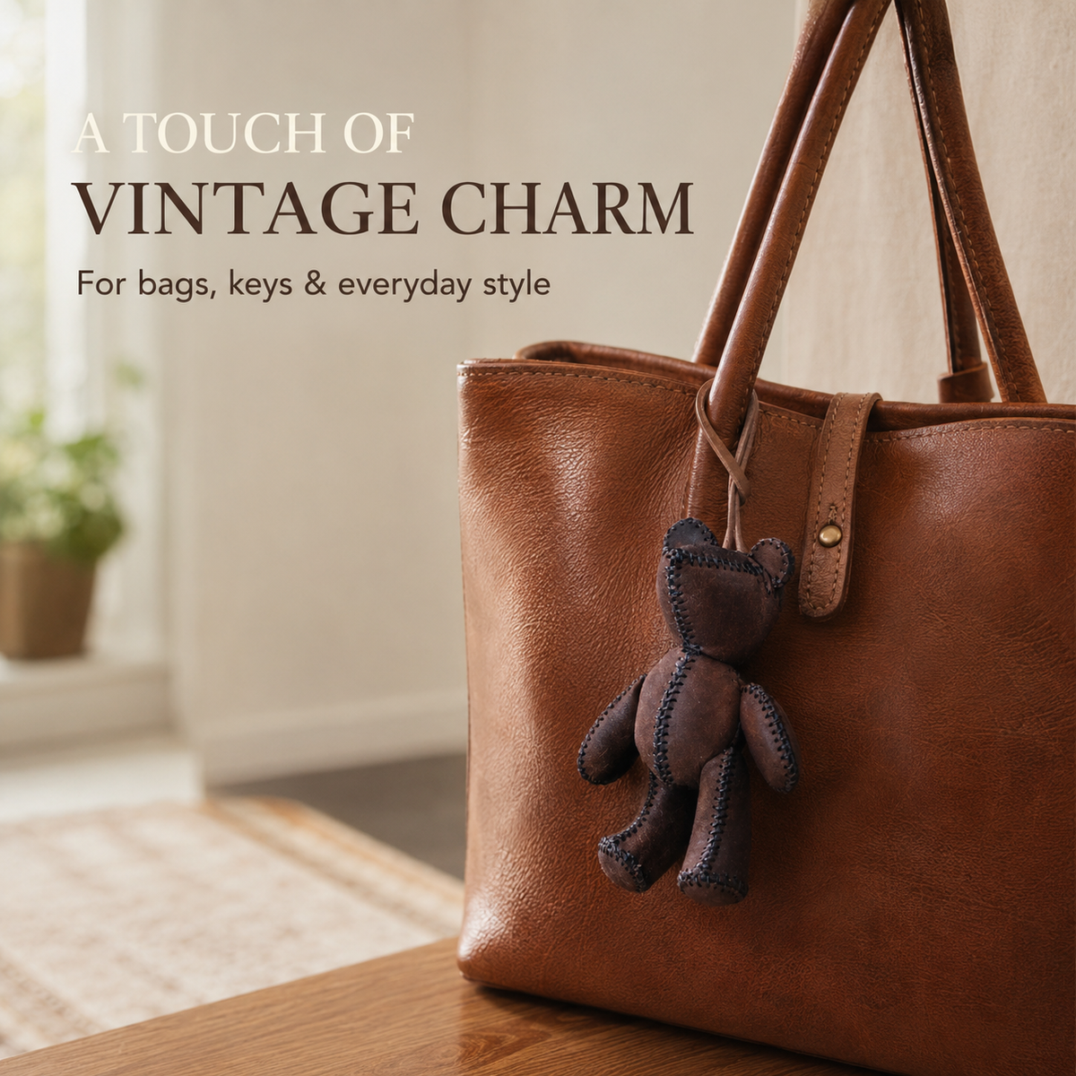 Retro Stitched Cowhide Teddy Bear Decor Charm