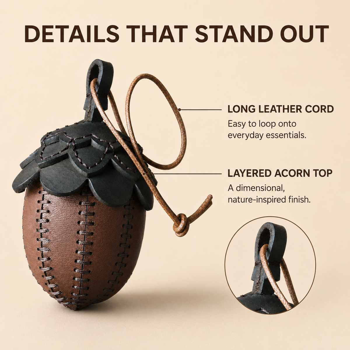 Handmade Leather Acorn Bag Charm