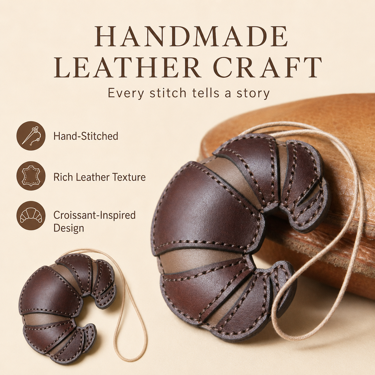Handmade Leather Croissant Bag Charm