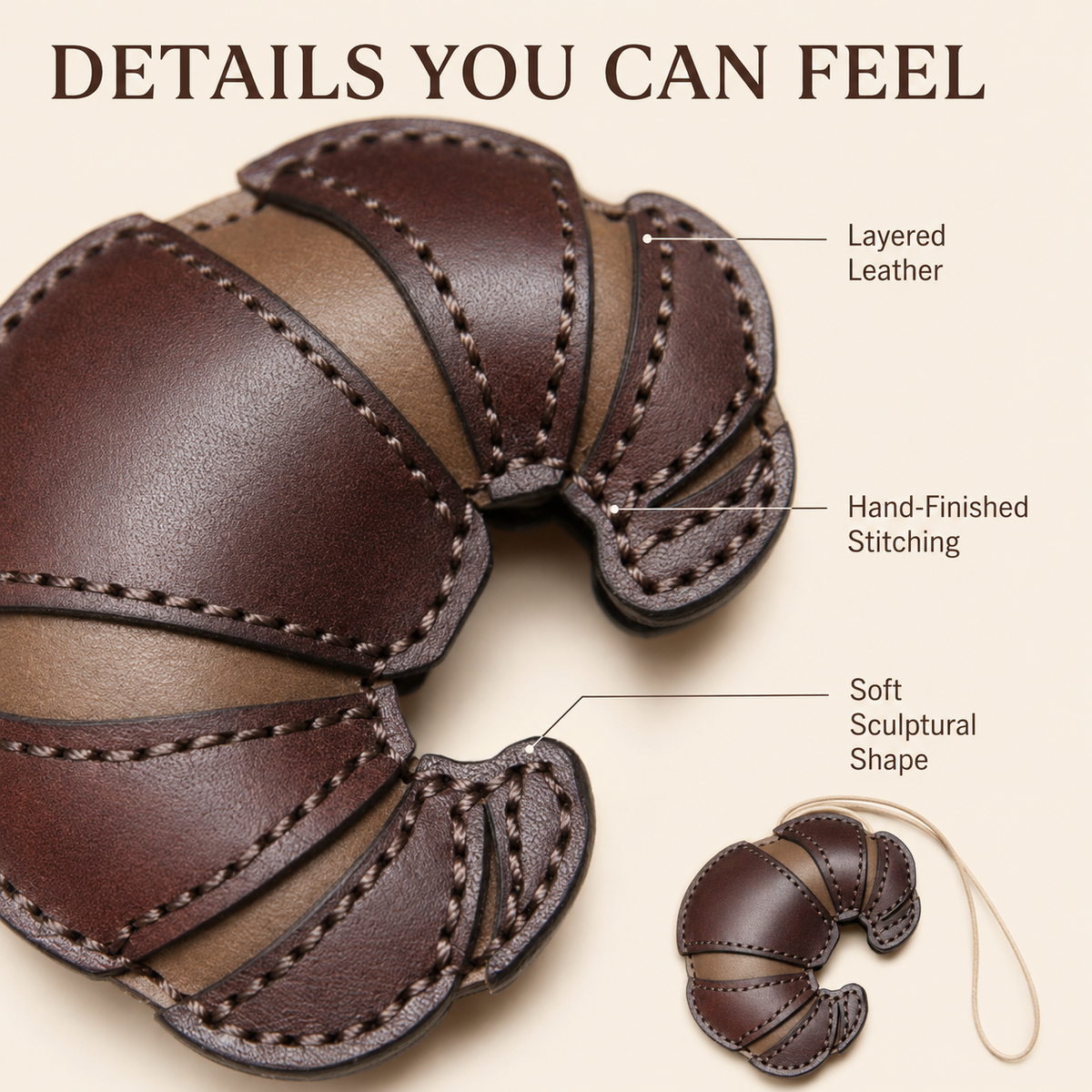Handmade Leather Croissant Bag Charm