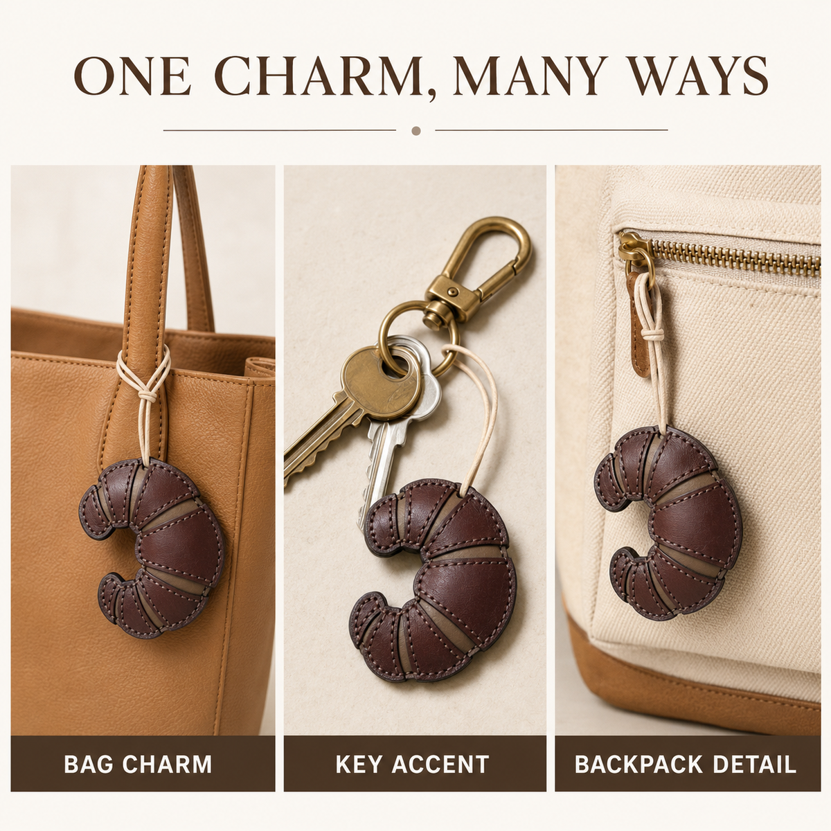 Handmade Leather Croissant Bag Charm