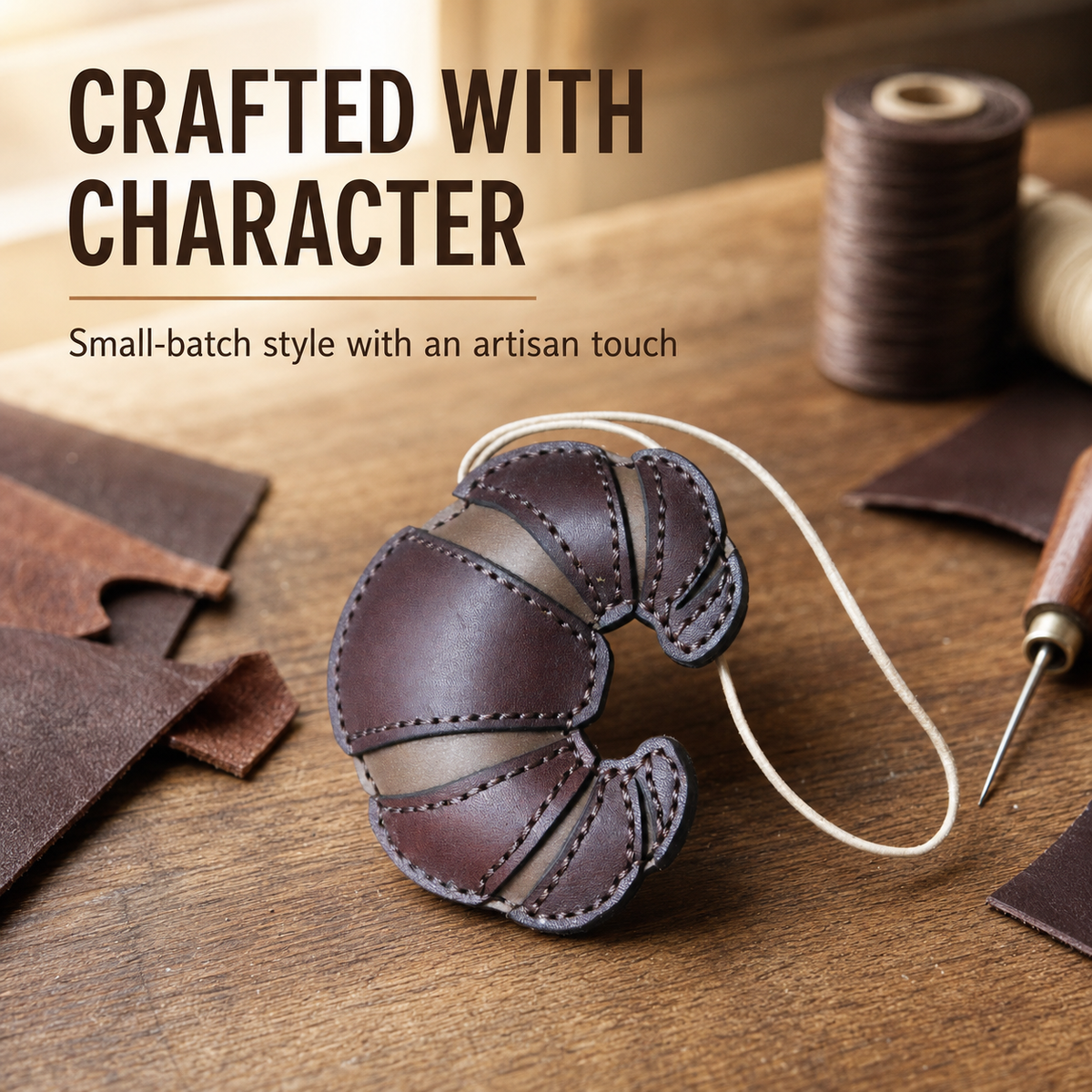 Handmade Leather Croissant Bag Charm