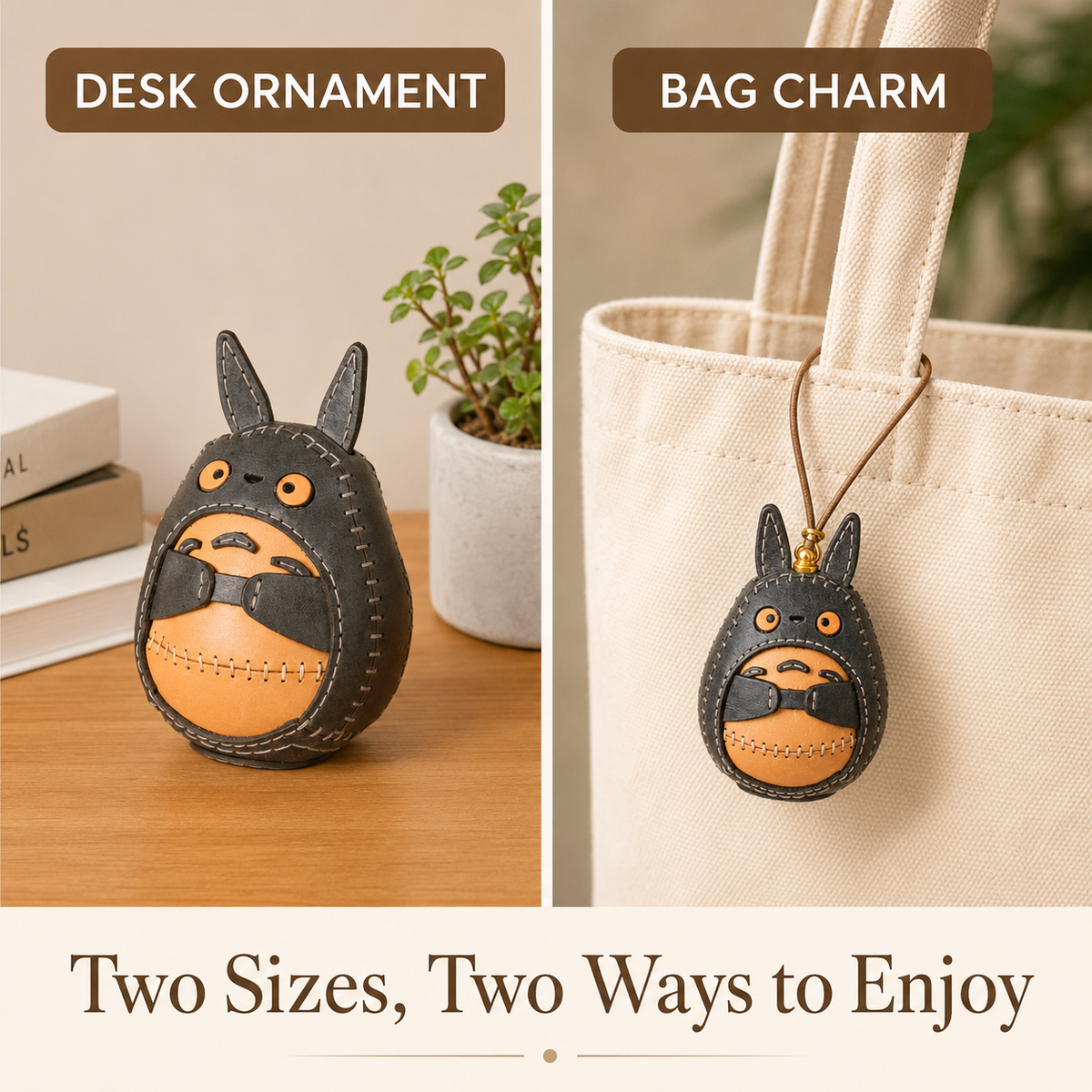 Håndlavet læder Totoro ornament og taskevedhæng