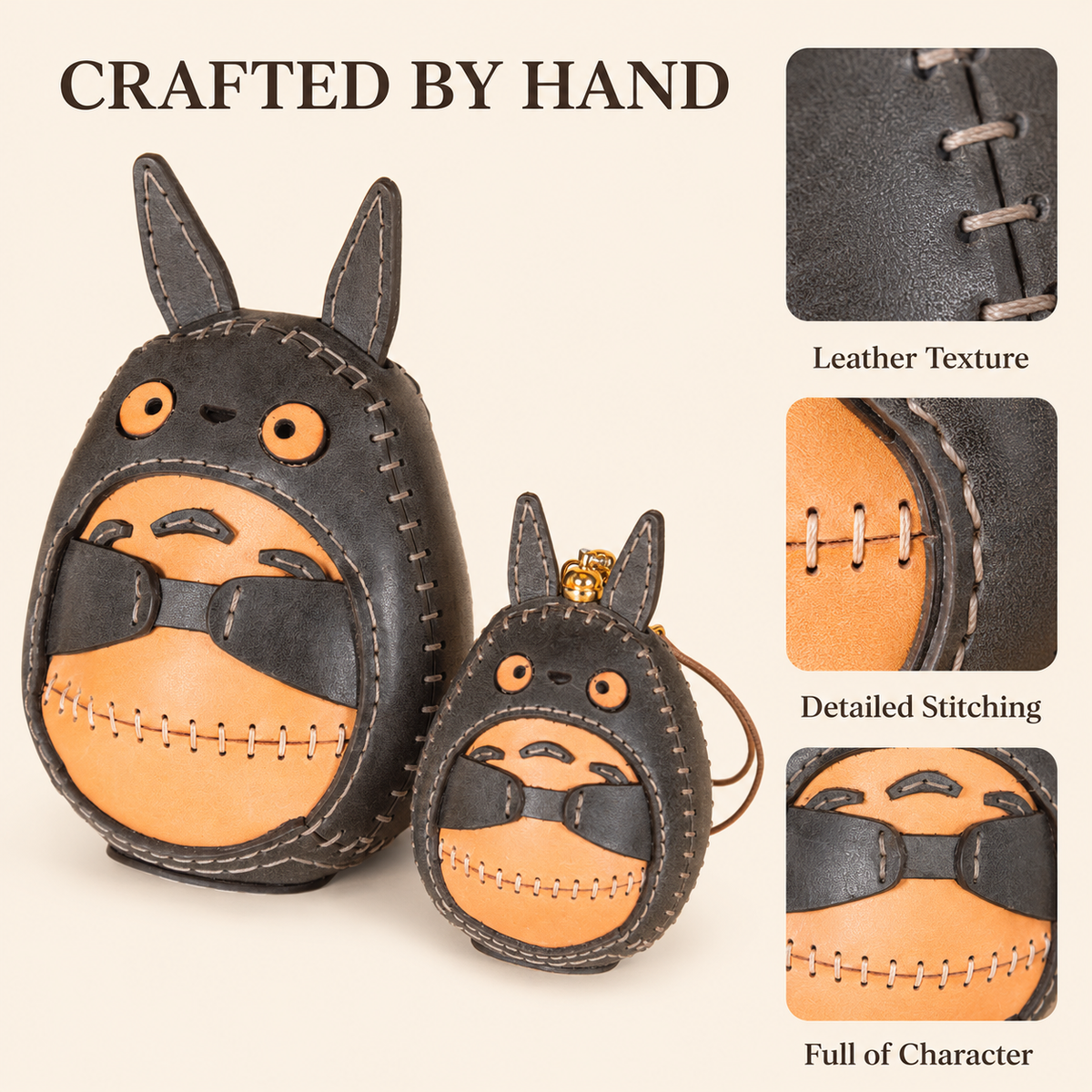 Håndlavet læder Totoro ornament og taskevedhæng