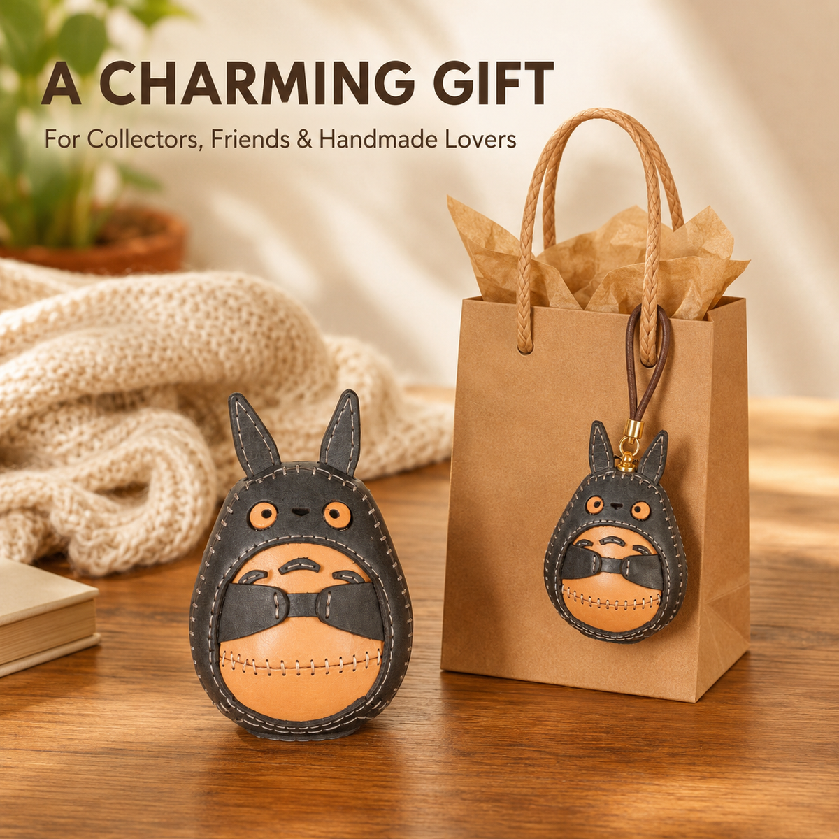 Håndlavet læder Totoro ornament og taskevedhæng