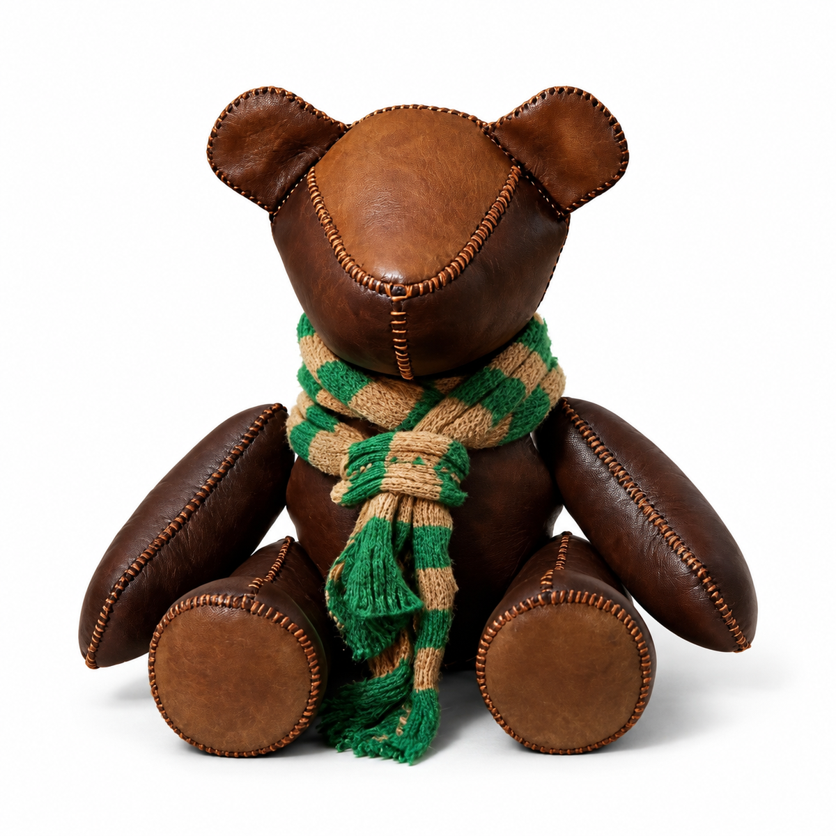 Large Vintage Leather Teddy Bear With Knit Scarf