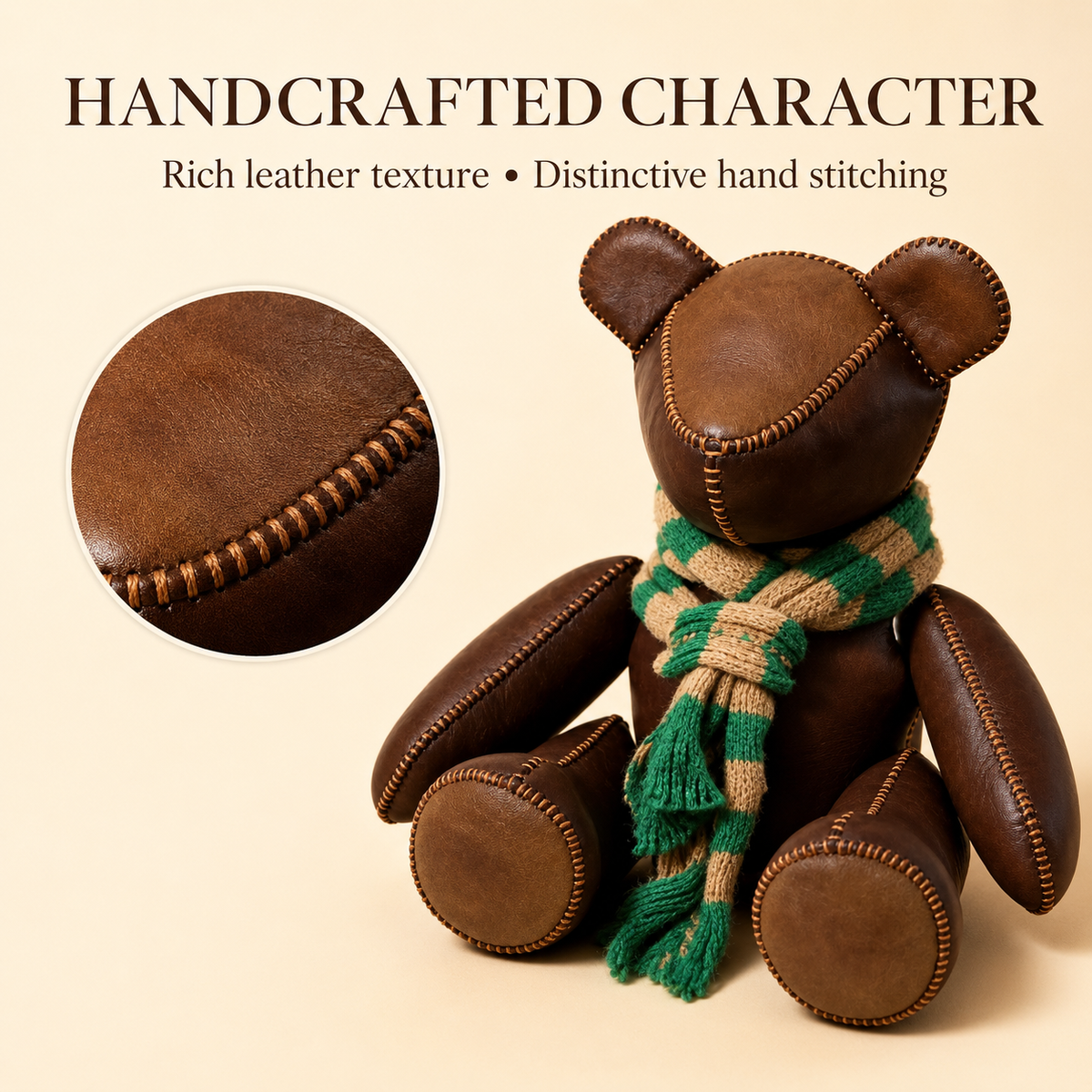 Large Vintage Leather Teddy Bear With Knit Scarf