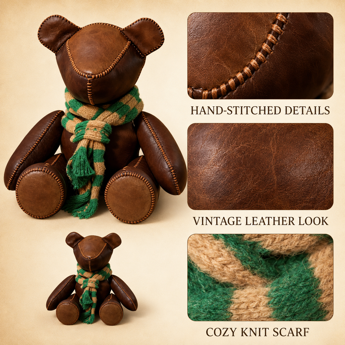 Large Vintage Leather Teddy Bear With Knit Scarf