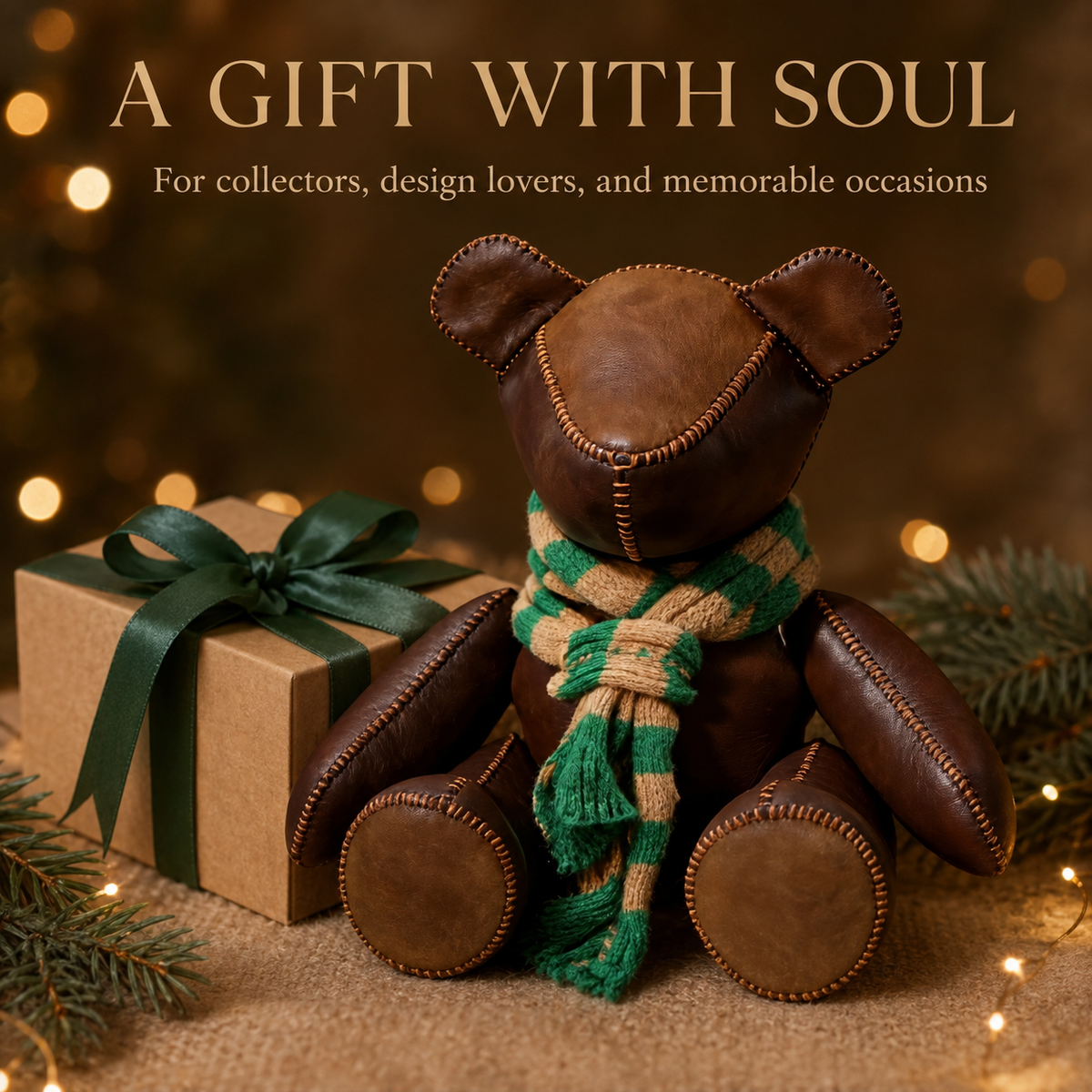 Large Vintage Leather Teddy Bear With Knit Scarf