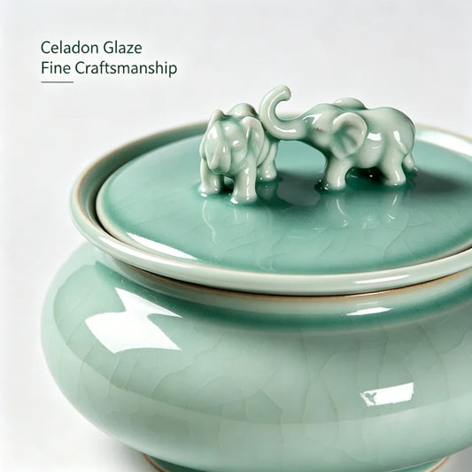 Auspicious Elephant Talent Celadon Tea Jar with Lid