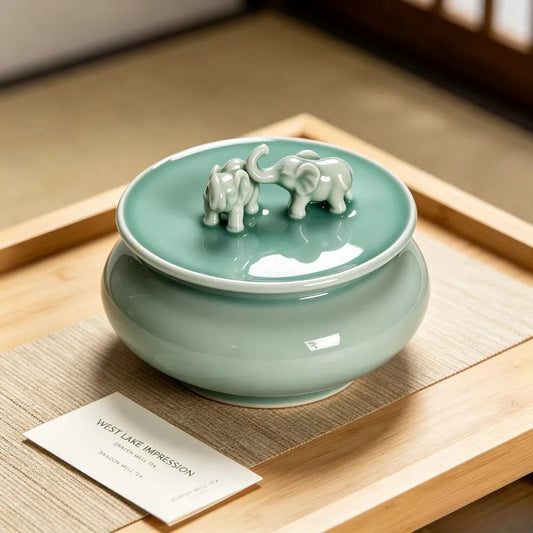 Auspicious Elephant Talent Celadon Tea Jar with Lid