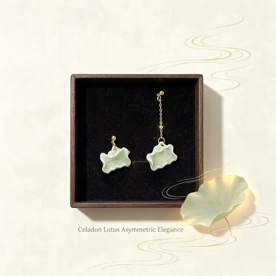 Celadon Lotus Leaf Asymmetric Drop Earrings