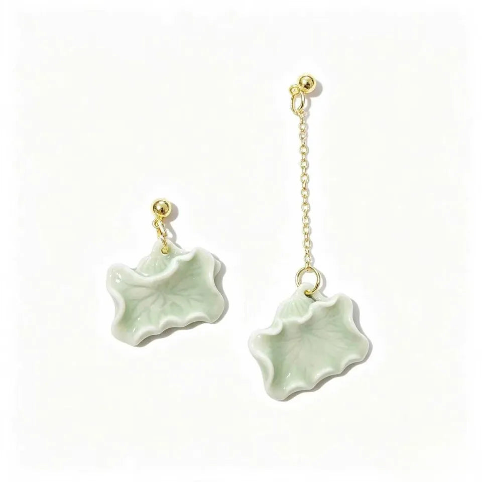 Celadon Lotus Leaf Asymmetric Drop Earrings