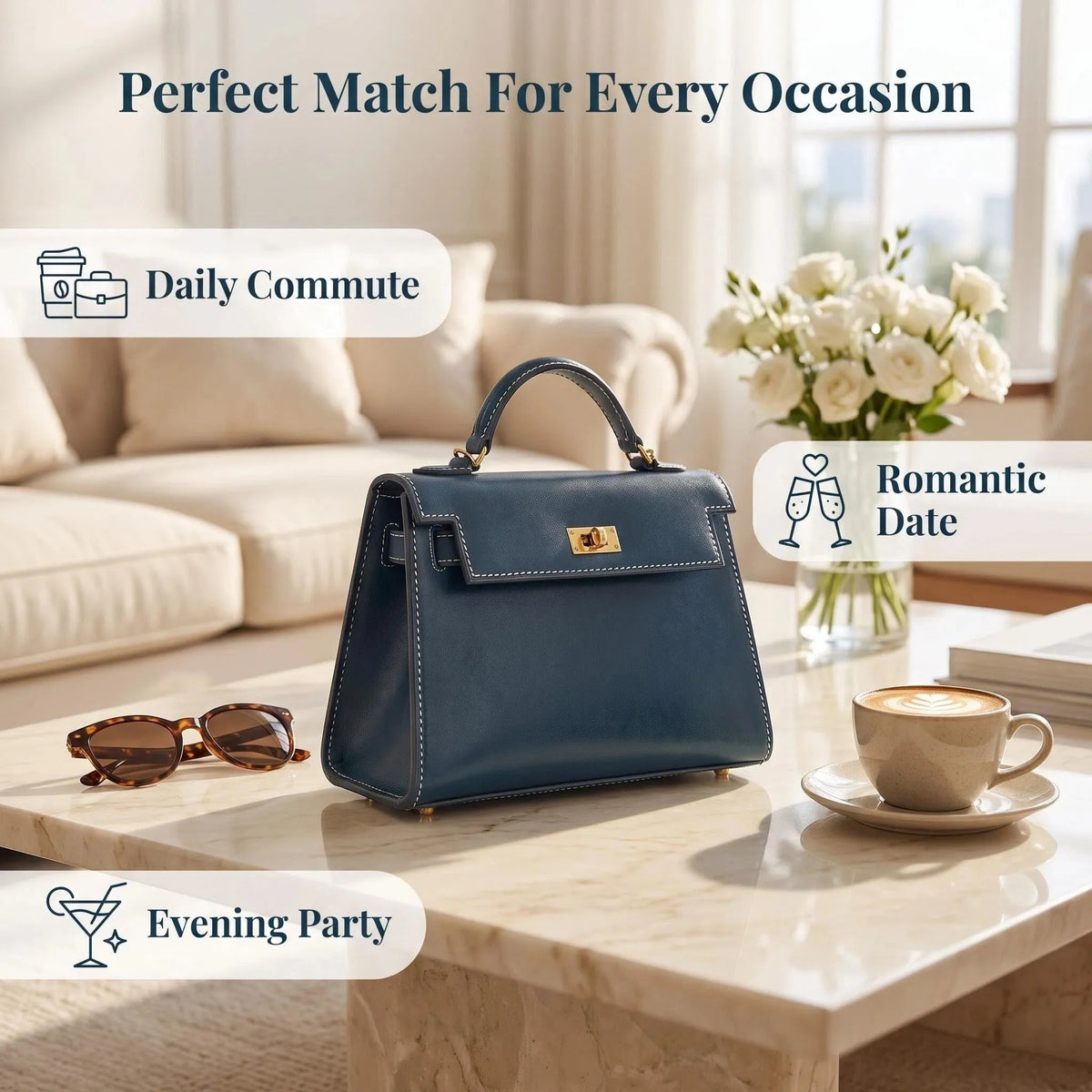 Mini Navy Blue Leather Kelly Style Handbag