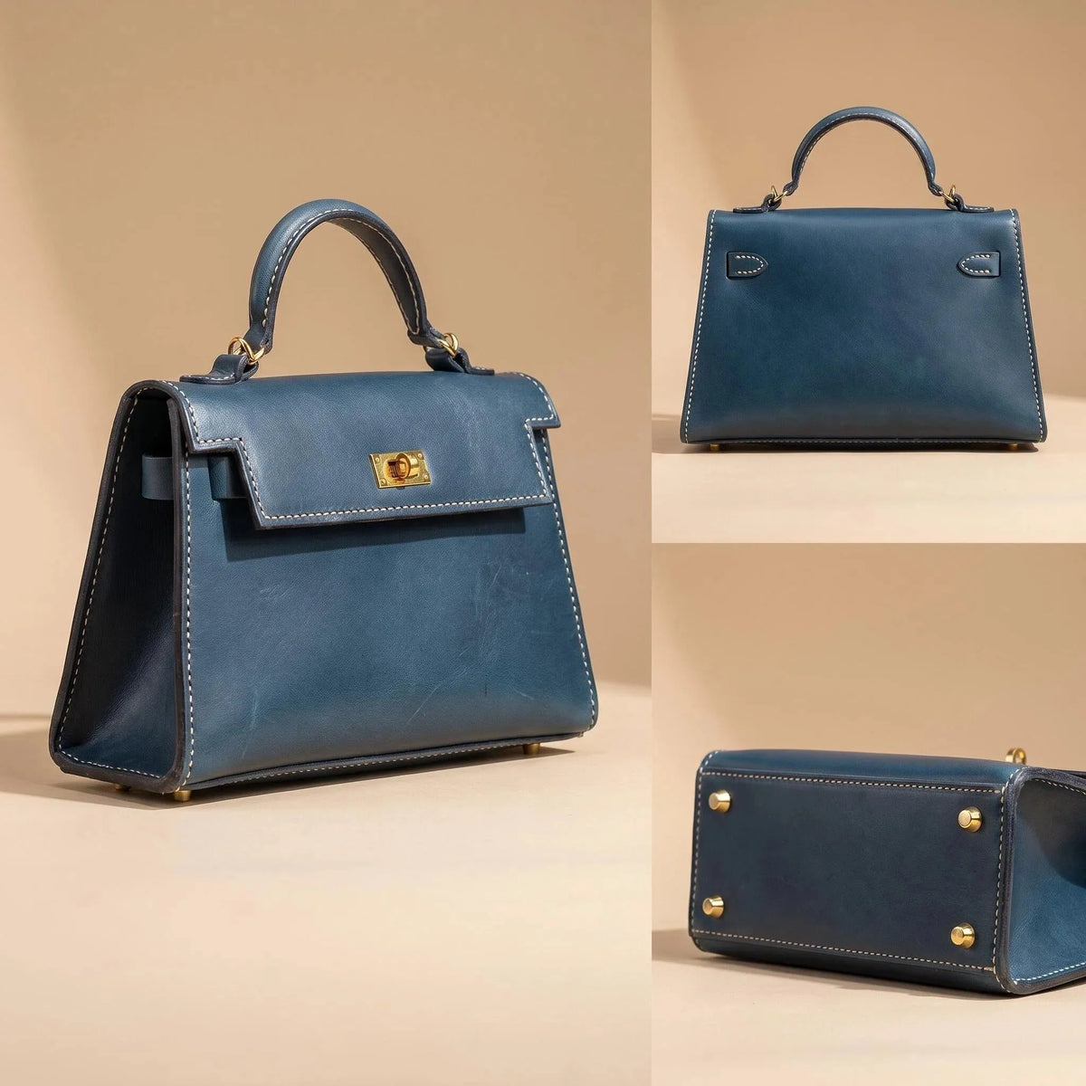Mini Navy Blue Leather Kelly Style Handbag