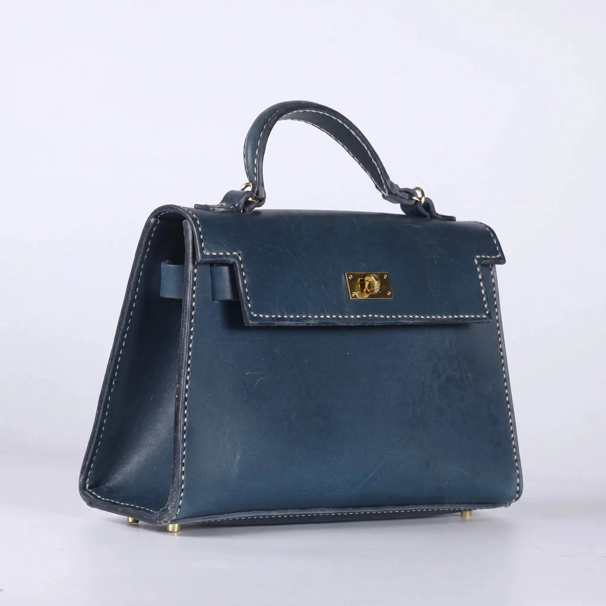 Mini Navy Blue Leather Kelly Style Handbag