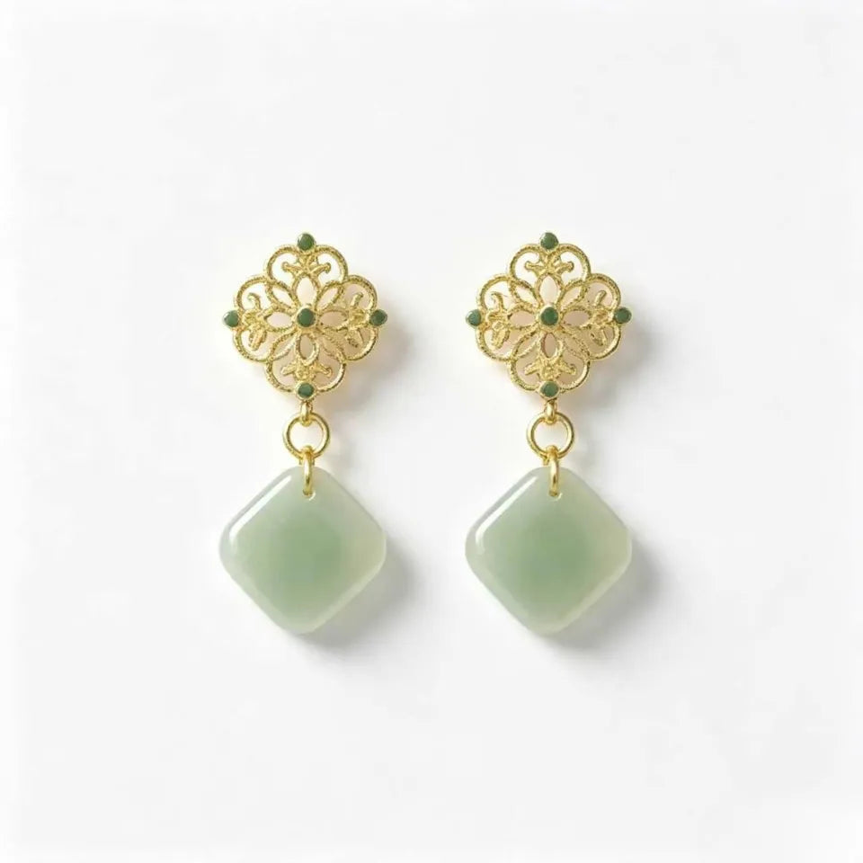 My Boundary Vintage Filigree Square Jade Drop Earrings