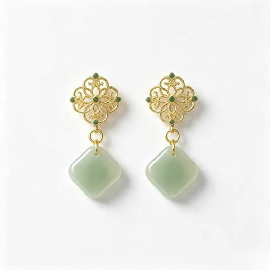 My Boundary Vintage Filigree Square Jade Drop Earrings