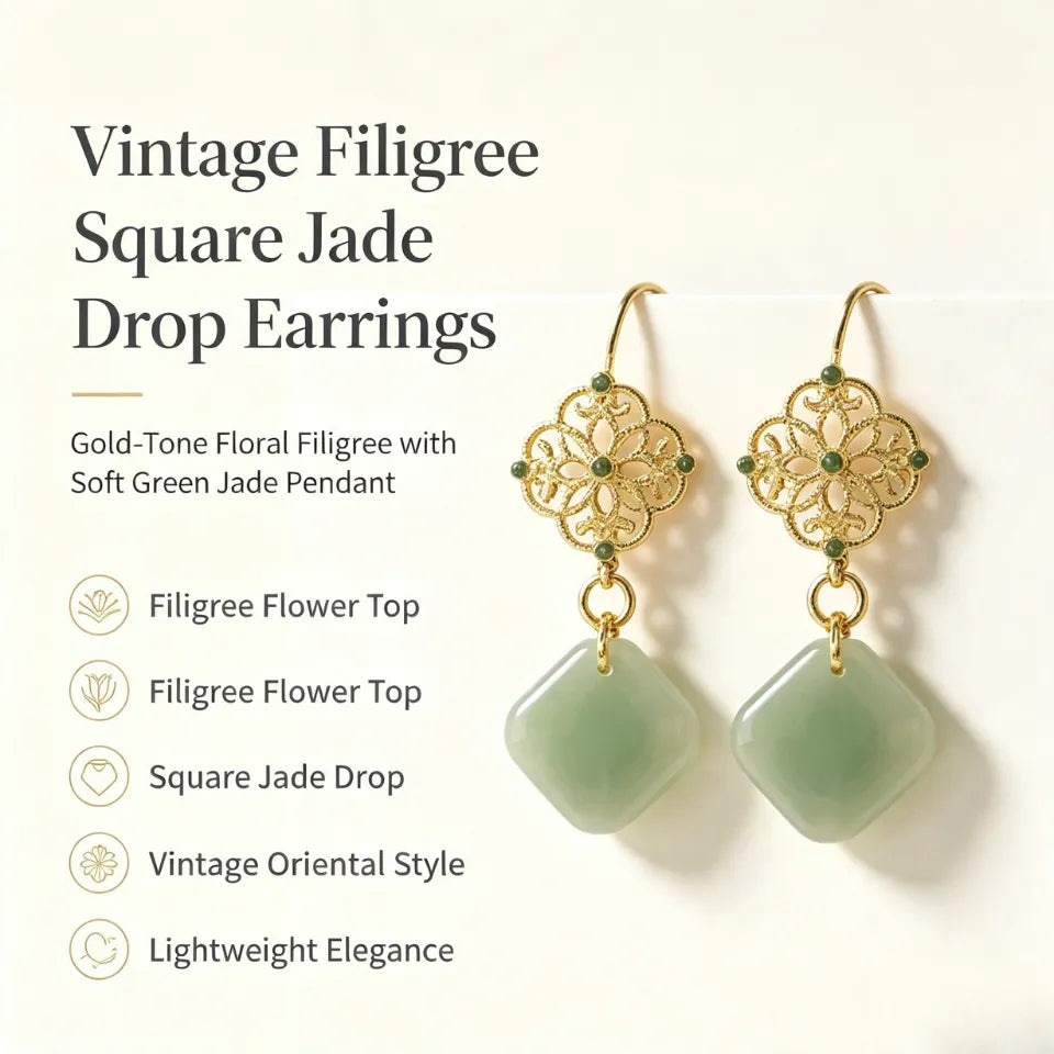 My Boundary Vintage Filigree Square Jade Drop Earrings