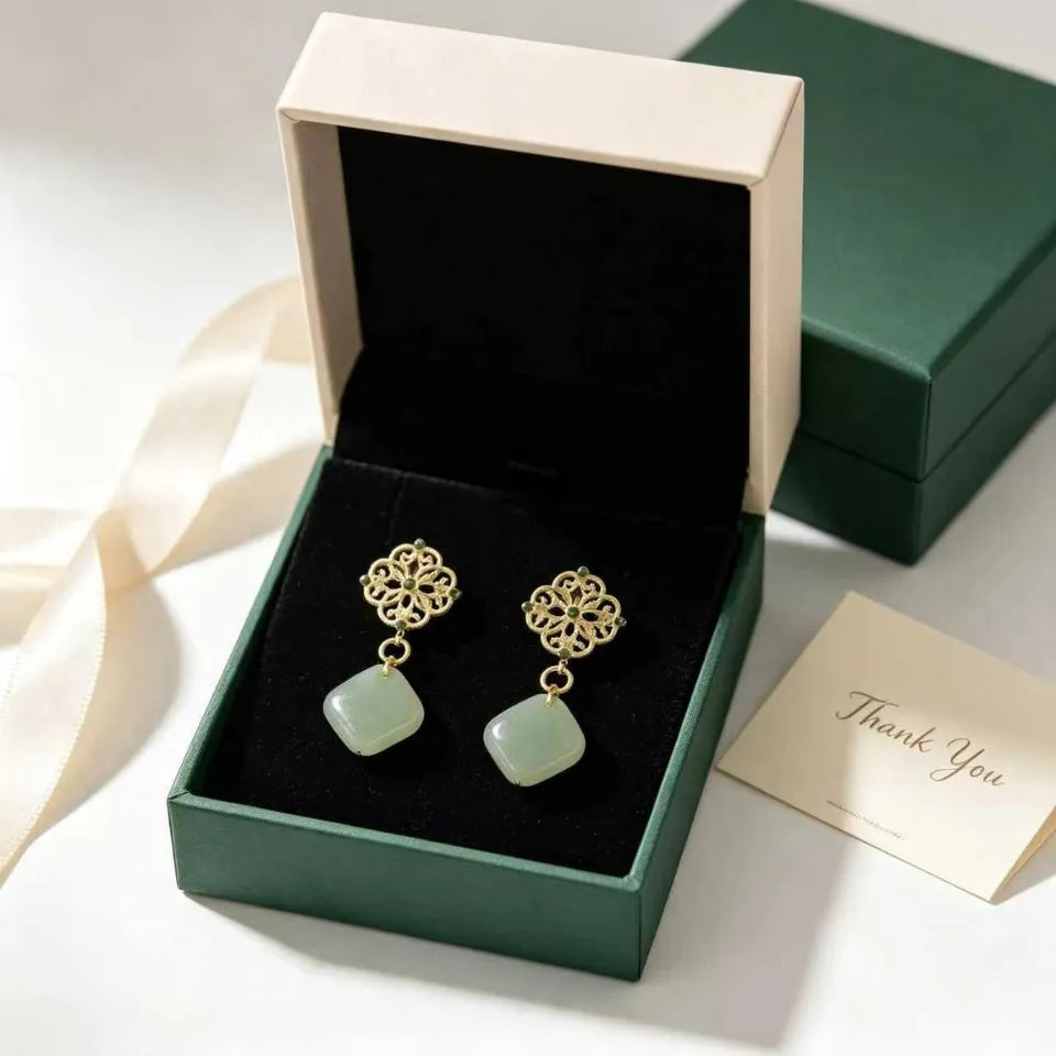 My Boundary Vintage Filigree Square Jade Drop Earrings