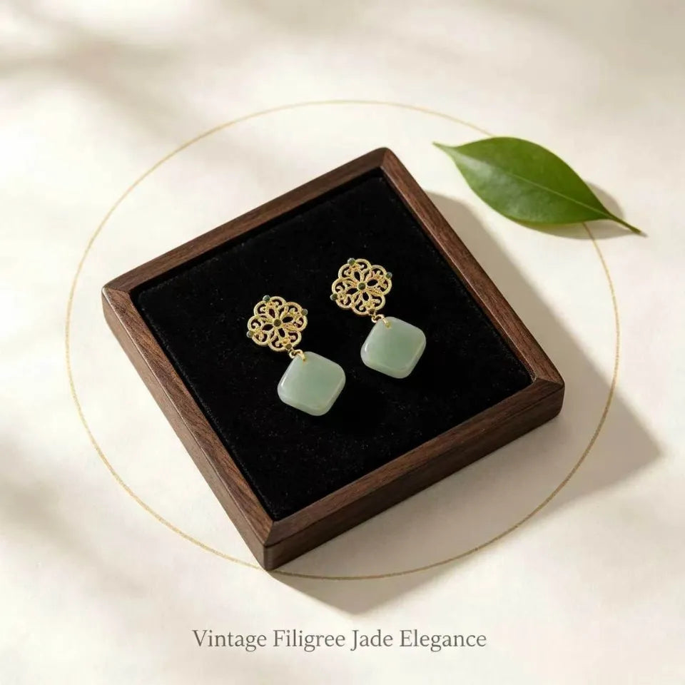 My Boundary Vintage Filigree Square Jade Drop Earrings