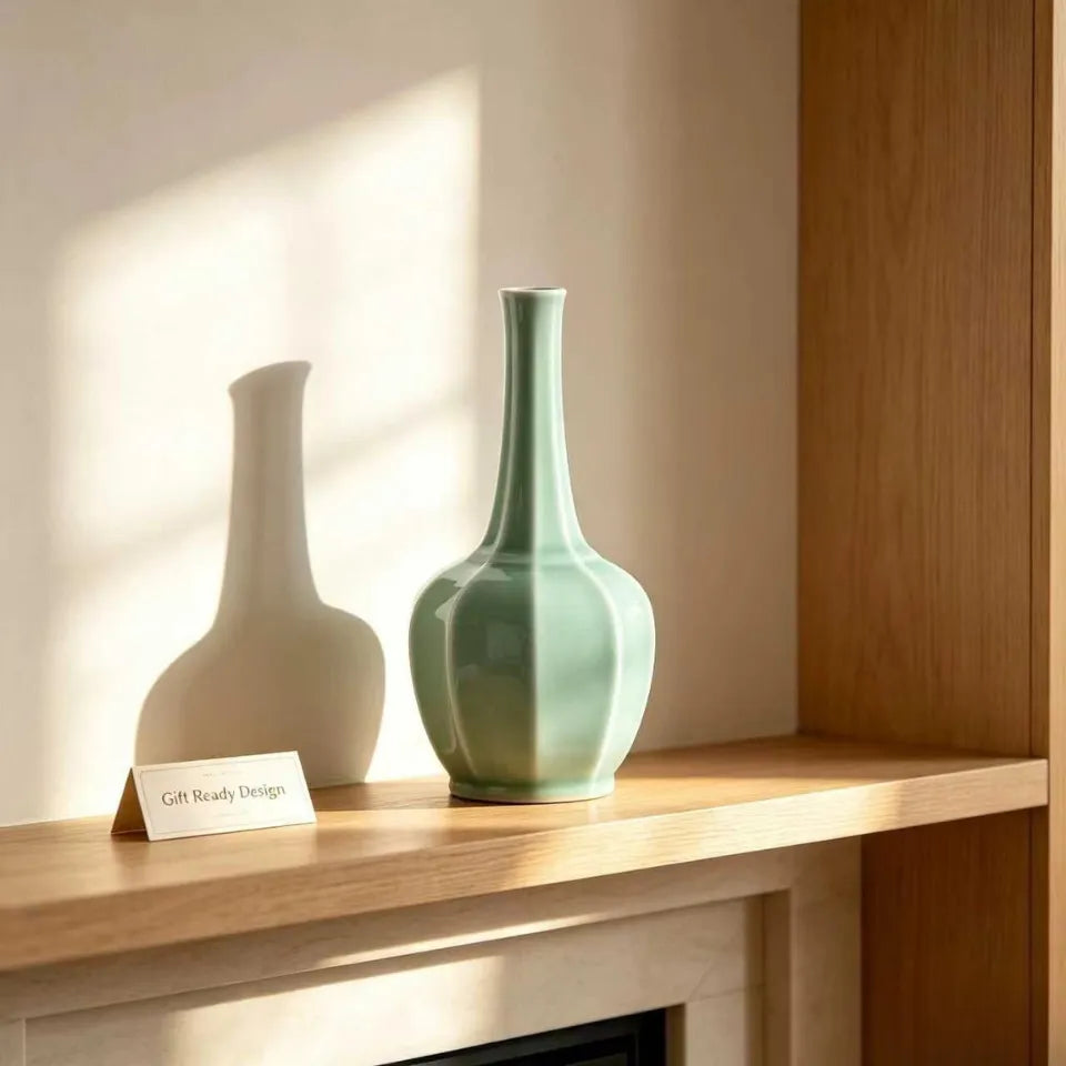 Octagonal Long Neck Celadon Vase