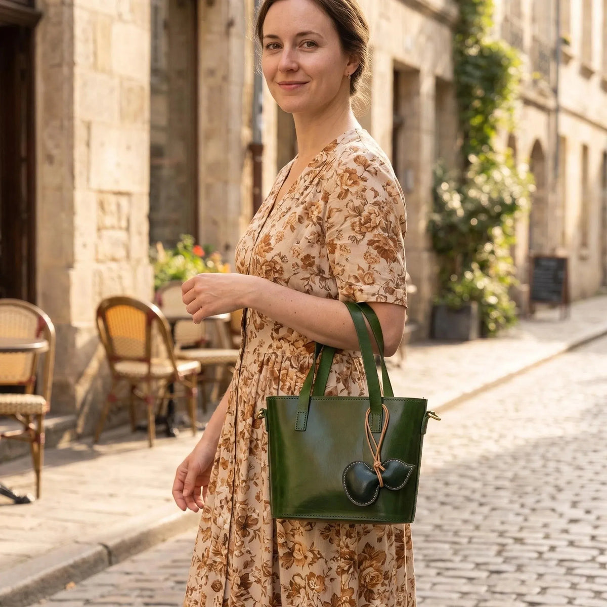 Vintage Green Leather Mini Tote Basket Bag